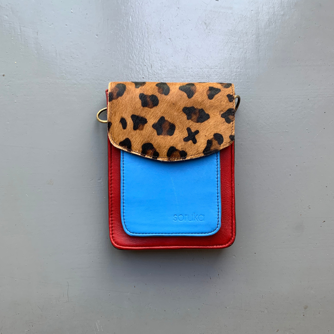 Soruka Recycled Leather 'Aiko' Bag - Blue, Red, Leopard