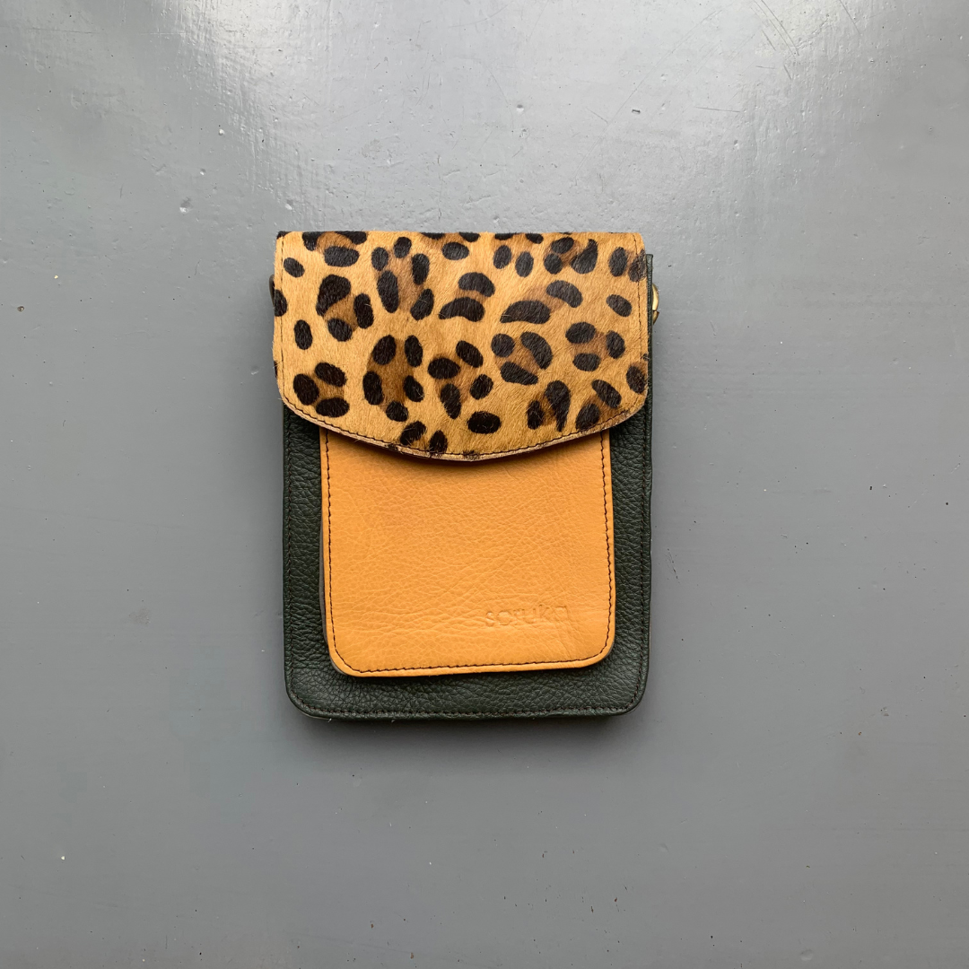 Soruka Recycled Leather 'Aiko' Bag - Green, Orange, Leopard