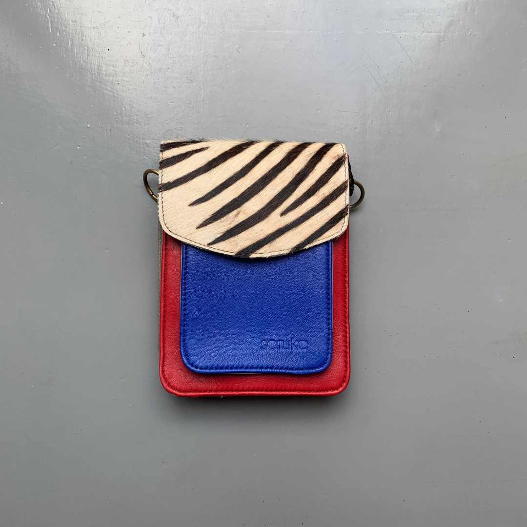 Soruka Recycled Leather 'Aiko' Bag - Red, Blue, Zebra