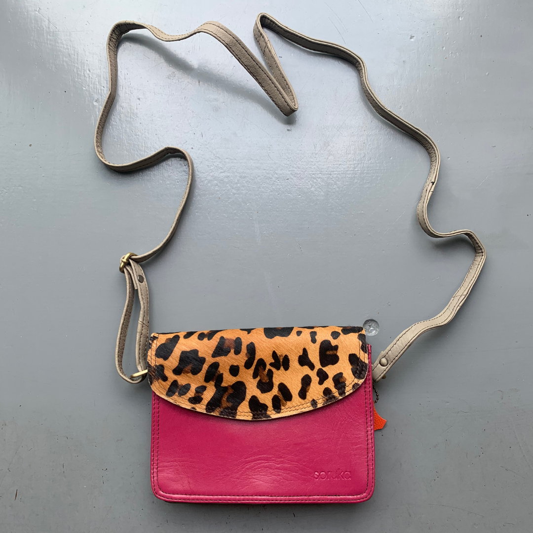 Soruka Recycled Leather 'Beth' Small Cross Body - Pink, Leopard
