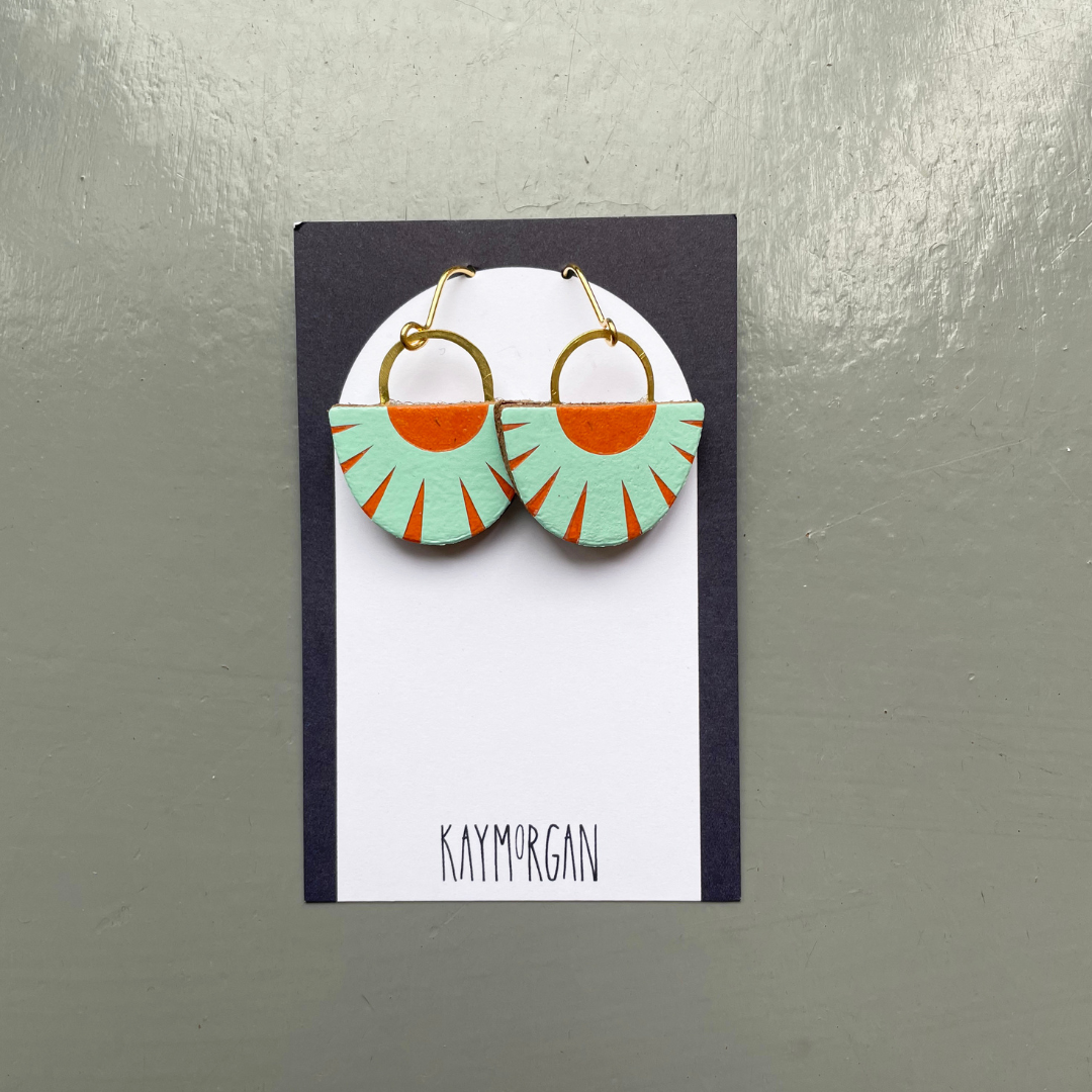 Mini Drop Semi Circle Fan Earrings - Orange/Turquoise