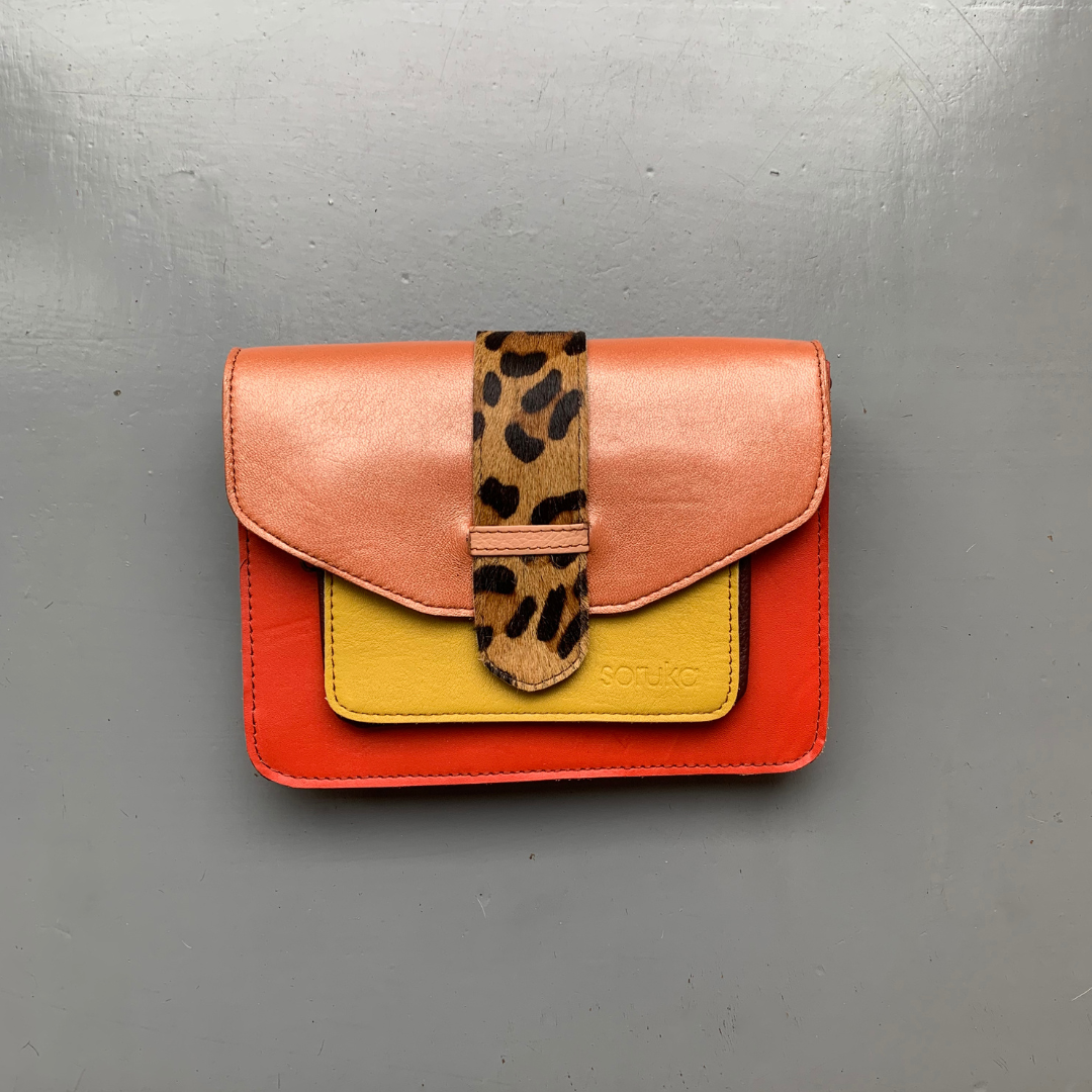 Soruka Recycled Leather 2-in-1 'Grace' Cross Body Bag - Red, Orange, Yellow, Leopard