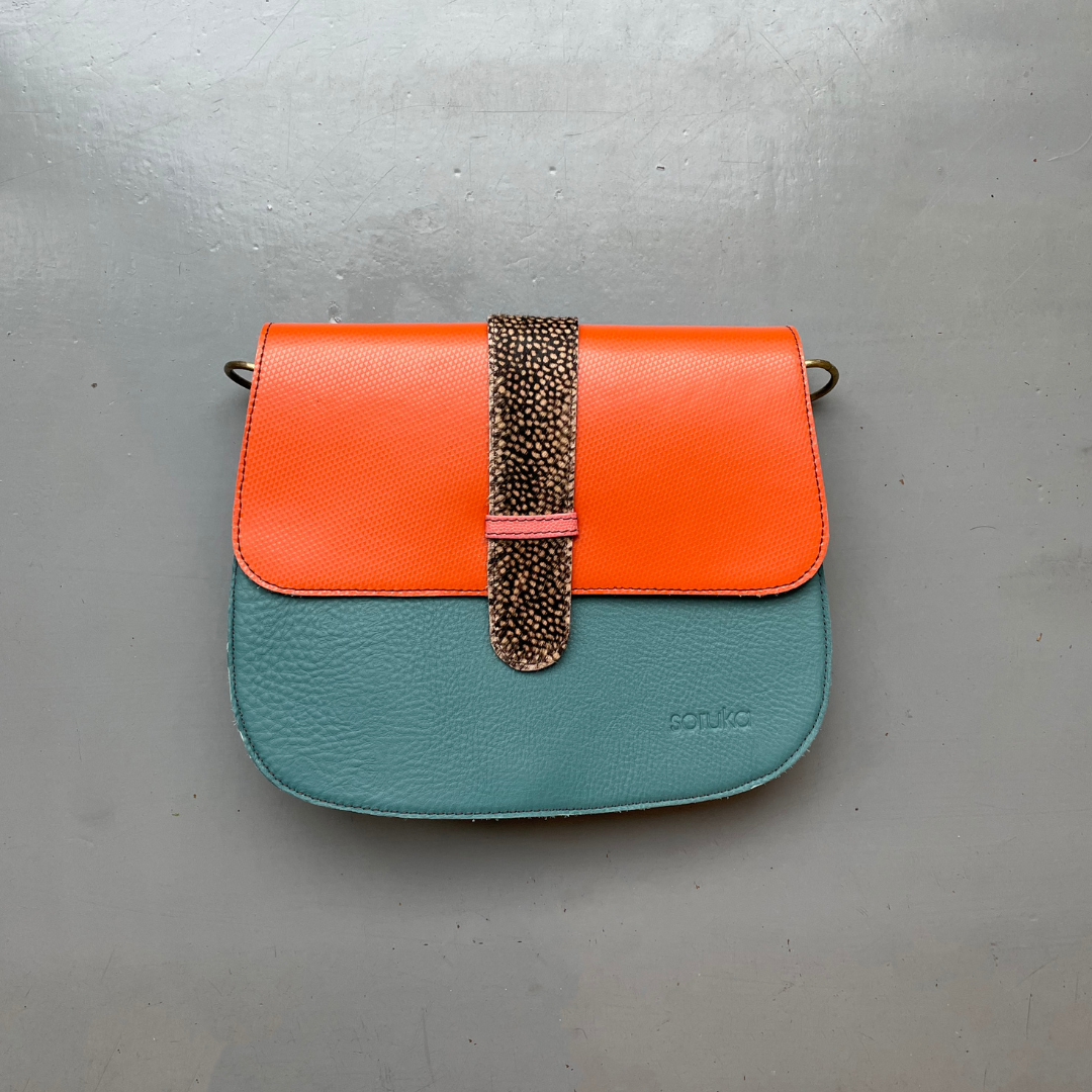 Soruka Recycled Leather 2-in-1 'Ona' Cross Body Bag - Blue/Orange/Spot - LARGE