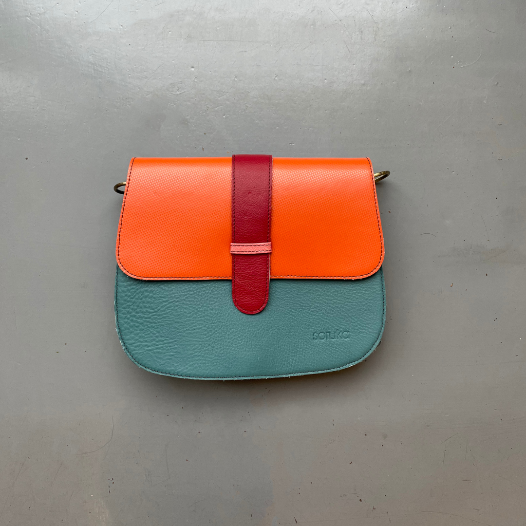 Soruka Recycled Leather 2-in-1 'Ona' Cross Body Bag - Blue/Orange/Spot - LARGE