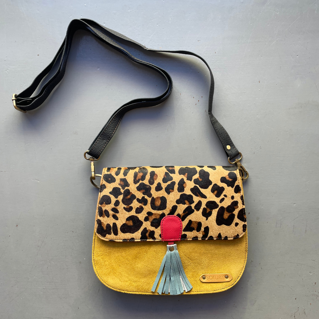 Soruka Recycled Suede 'Rose' Bag - Yellow, Leopard - LARGE
