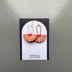 Drop Semi Circle Fan Earrings - Neon Pink/Gold