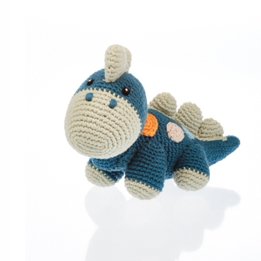 Pebble Toys Hand-Crocheted Dinosaur Rattle - Blue
