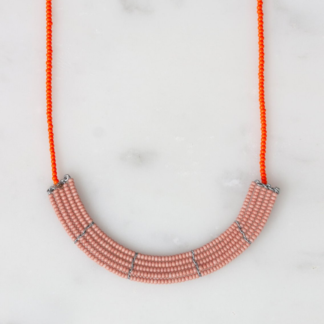 Kenyan Beaded 'Lapa' Necklace - Pale Pink & Orange
