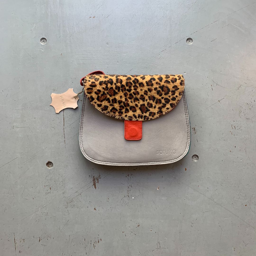 PREMIUM Recycled Leather Reversible 'Alice' Bag - Leopard/Taupe & Pink/Red
