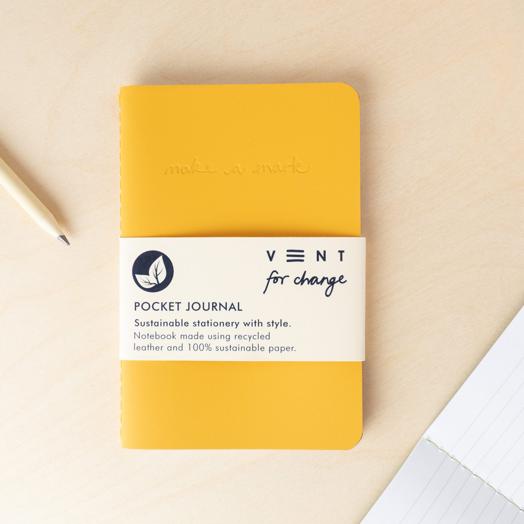 Recycled Leather Pocket Journal  – Mustard Yellow
